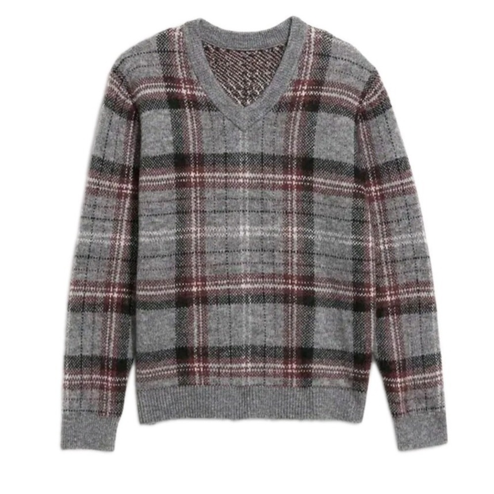 Old Navy Men's 2XL Wool Blend Gray Plaid V Neck Sweater GrandpaCore Preppy XXL